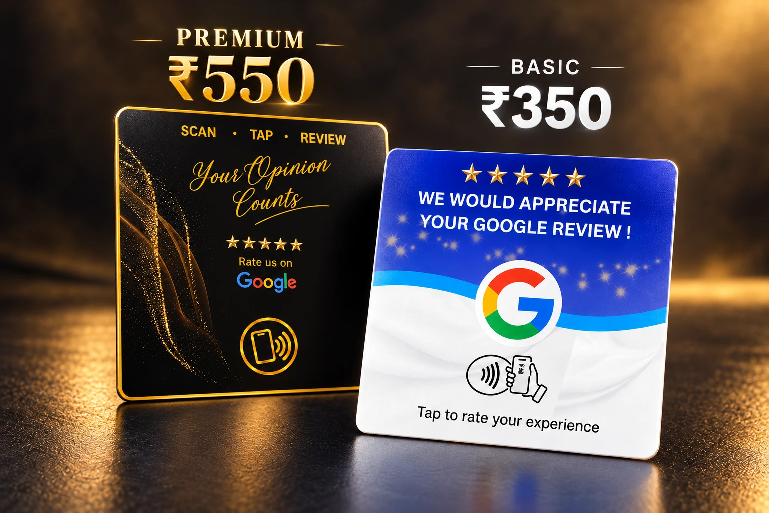 KAVO Google review cards: black and gold Premium ₹550; blue and white Basic ₹350